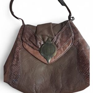 Vintage Sharif Brown Leather Crossbody  W Ancient Chariot Pattern & Snakeskin